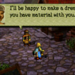 Screenshot of Ogre Battle 64: A dressmaker says he will make a dress for you if you have the materials.