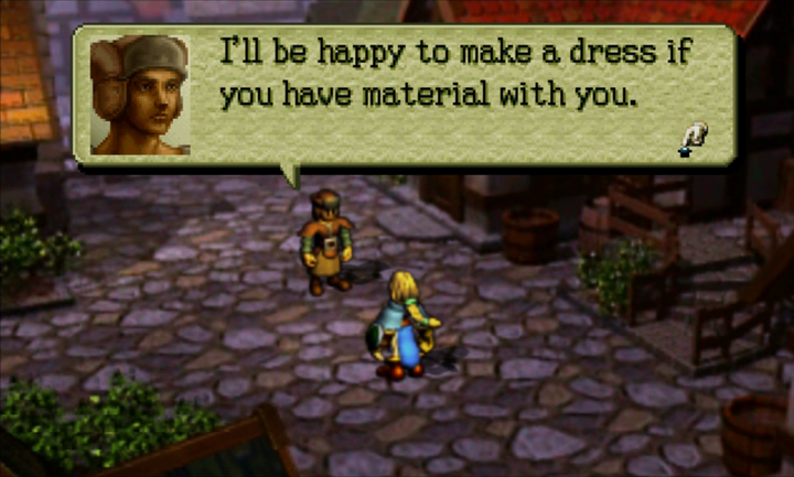 Screenshot of Ogre Battle 64: A dressmaker says he will make a dress for you if you have the materials.