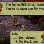 Screenshot of Ogre Battle 64: A dressmaker says his fee is 2500 Goth and asks if the player wants to purchase a dress.