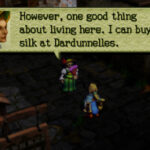Screenshot of Ogre Battle 64: A noblewoman explains that silk can be purchased in Dardunnelles.