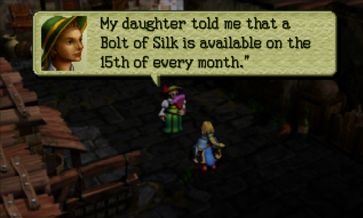 Screenshot of Ogre Battle 64: A noblewoman explains that a Bolt of Silk can be purchased on the 15th of every month.